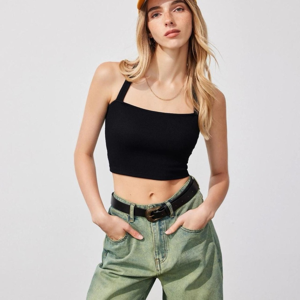 Black Halter Knotted Cami Crop Top from Cider